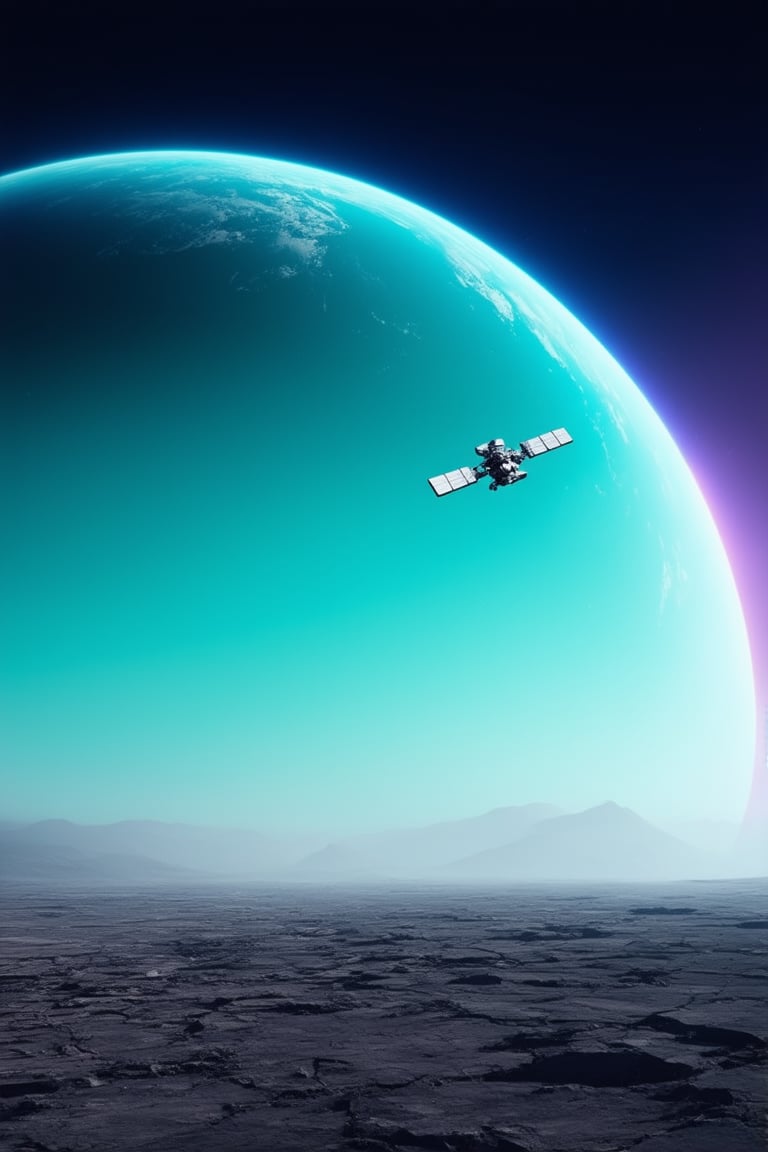 A futuristic planet with a cyan-hued atmosphere, the horizon stretches far across the frame, meeting a gradient of deep blues and purples at the top. The ground below is cracked and barren, with wispy tendrils of smoke drifting lazily through the still air. A lone, glowing spacecraft descends slowly into the distance, its silvery surface reflecting the vibrant hues of the sky.