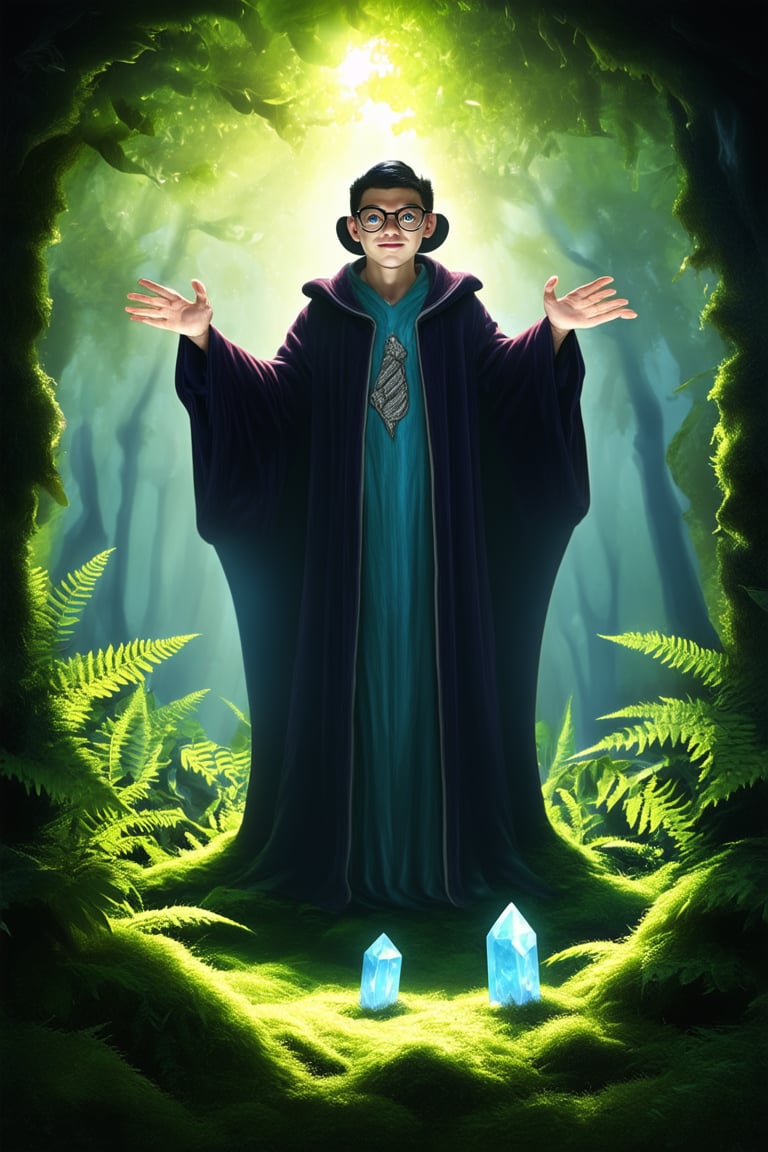 A whimsical, dreamlike scene unfolds as a bespectacled wizard, adorned in a velvet-trimmed robe, levitates above a lush forest floor. Dappled sunlight filters through the canopy above, casting mystical shadows on the richly-textured moss below. The wizard's eyes gleam with ancient wisdom as they gesture towards a glowing crystal nestled among the ferns.