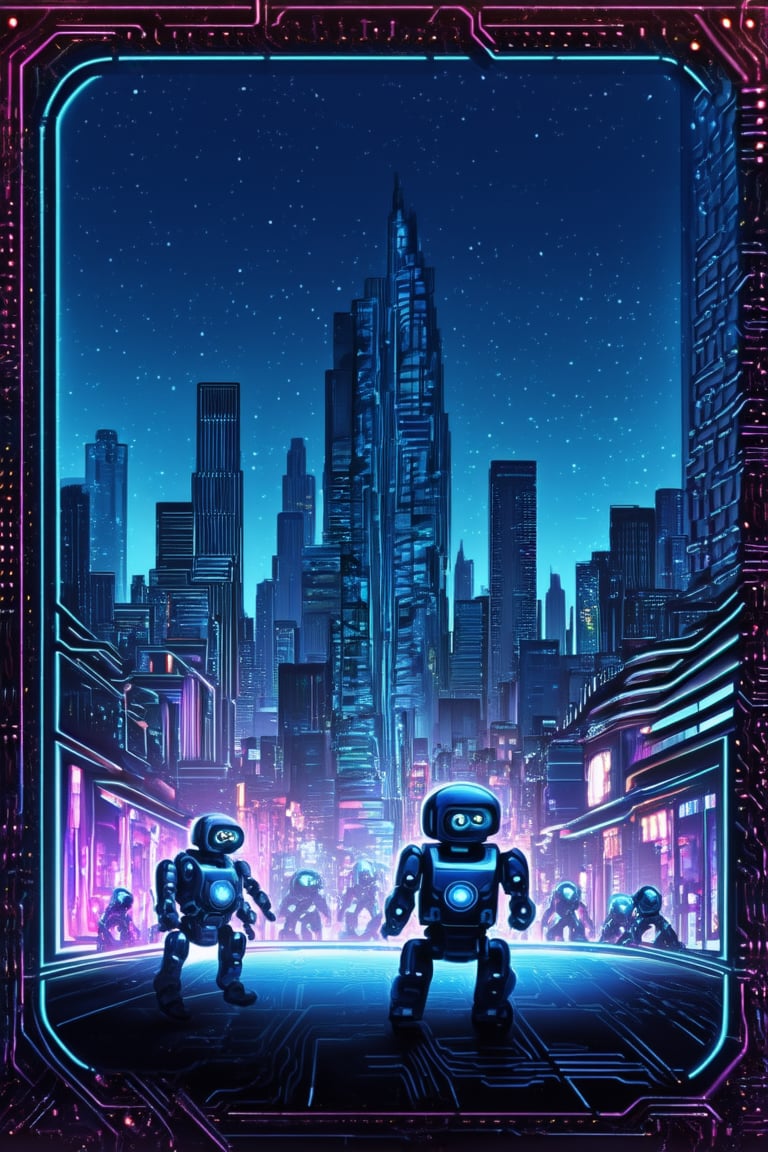 A whimsical digital illustration depicting a futuristic cityscape at dusk, with sleek skyscrapers and neon-lit streets, set against a deep blue sky dotted with stars. In the foreground, a group of robots in various shapes and sizes gather around a makeshift stage, their mechanical bodies illuminated by flashing lights. The scene is framed within a subtle border of circuitry patterns.