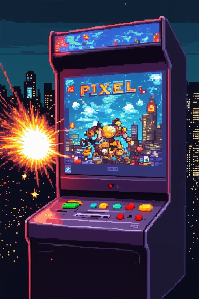 Close-up shot of a retro-style arcade game console 'Pixel' with a bright, neon-lit background and a faint cityscape at dusk. The console is centered in the frame, with bold, colorful graphics and buttons glowing softly under a layer of protective glass. A pair of pixelated characters, an 8-bit hero and villain, engage in a high-energy battle on the screen, with explosions and sparks flying everywhere.