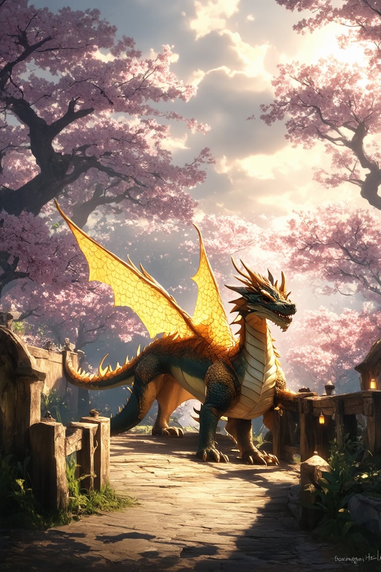 Whimsical fantasy landscape: A lush forest glade bathed in warm sunlight, with delicate cherry blossoms and wispy fog swirling around ancient wooden trees. A majestic dragon, shimmering scales reflecting the golden light, gently descends from a cloudy sky, its wings spread wide as it surveys its surroundings. The scene is set against a picturesque Japanese-inspired backdrop, complete with intricately designed bridges and lanterns.