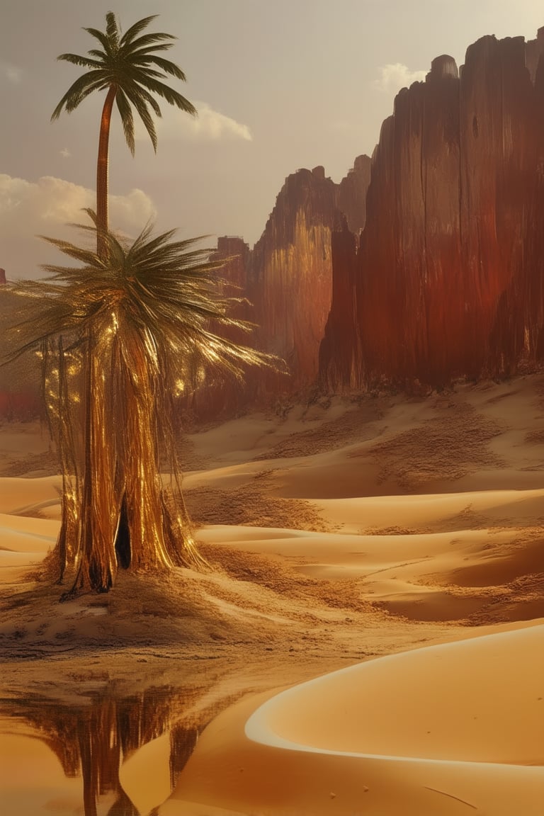 A sweeping desert landscape with golden hues dominating the scene. A majestic palm tree stands tall, its trunk and fronds gilded by the warm sunlight. The sandy dunes stretch out before it, glowing like a treasure trove of sun-kissed gold. In the distance, rocky outcroppings rise from the earth, their rusty reds and oranges harmonizing with the golden tones.