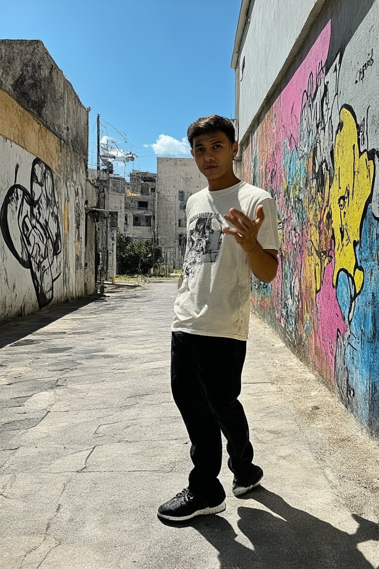 A vibrant street art scene: a young graffiti artist, 'Kun', stands confidently in front of a colorful mural on a city alleyway wall. The bright blue sky and warm sunlight illuminate the scene, with subtle shadows accentuating the texture of the rough stone pavement. Kun's bold, black-and-white artwork adorns the wall behind him, as he proudly gestures to his latest masterpiece.