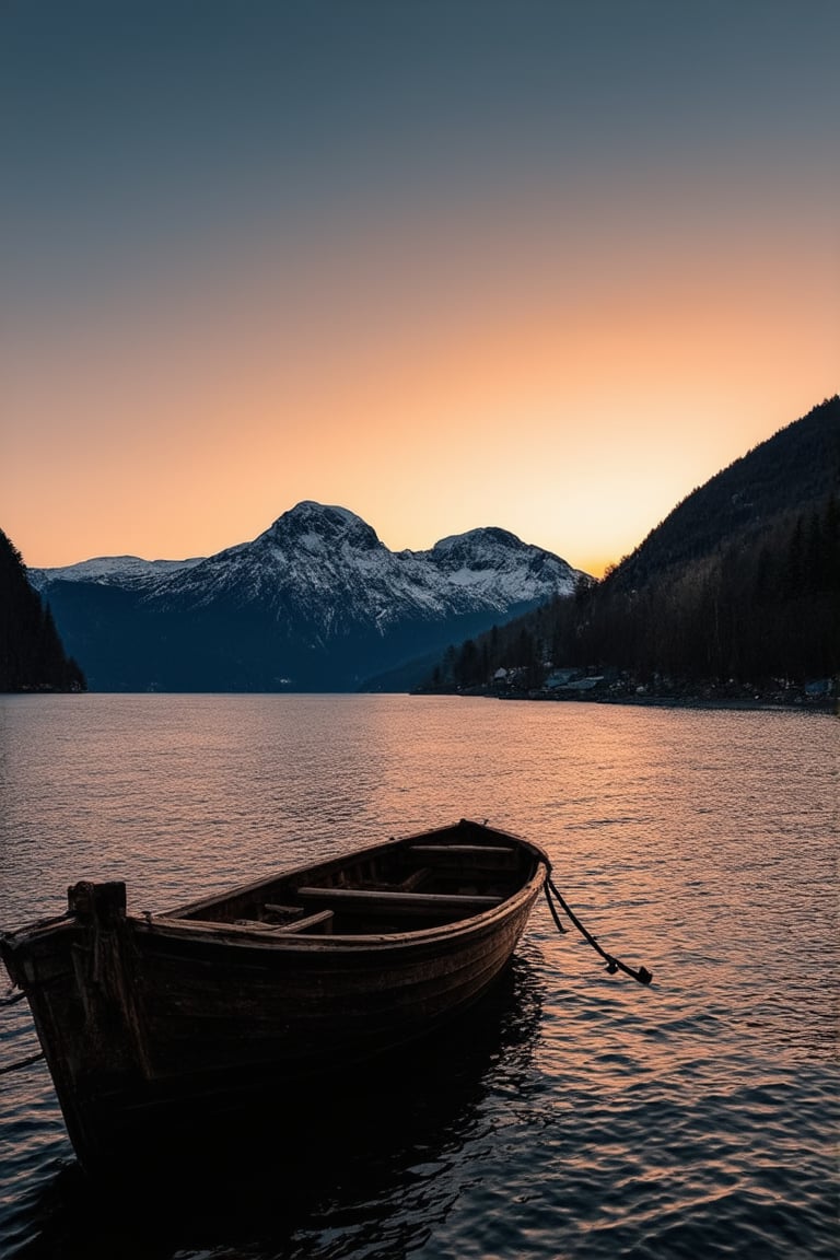 A serene Norwegian fjord landscape at sunset, with gentle waves lapping against the rugged shore. A sturdy wooden boat, weathered to perfection, sits anchored in the calm water. The sky above is painted with warm hues of orange and pink, gradually giving way to a deep blue. In the foreground, a majestic mountain range rises from the earth, its snow-capped peaks glistening in the fading light.