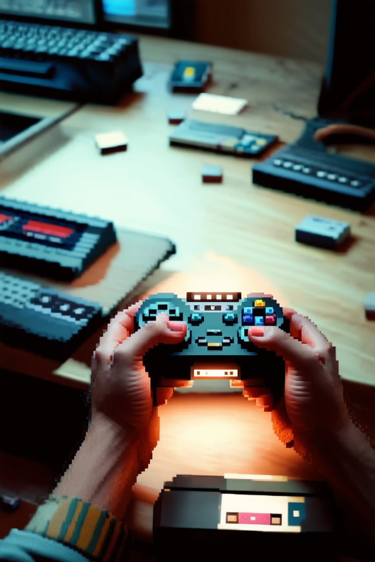 Close-up shot of a person's hands holding a vintage-style pixel art controller, lit by soft desk lamp light. The controller is surrounded by scattered game cartridges and retro gaming memorabilia on a wooden table, with a blurred background of a nostalgic computer setup. The subject is in a playful pose, fingers poised to start a new gaming session.