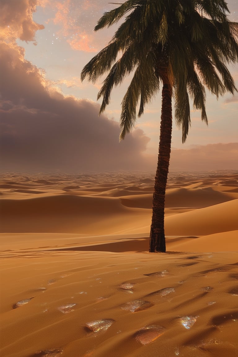 A sweeping desert landscape, with golden sandy dunes stretching towards the horizon, illuminated by the warm glow of a setting sun. A lone palm tree stands tall, its trunk and leaves glistening in the fading light. The sky above is painted with hues of orange and pink, as the stars begin to twinkle like diamonds scattered across the canvas.