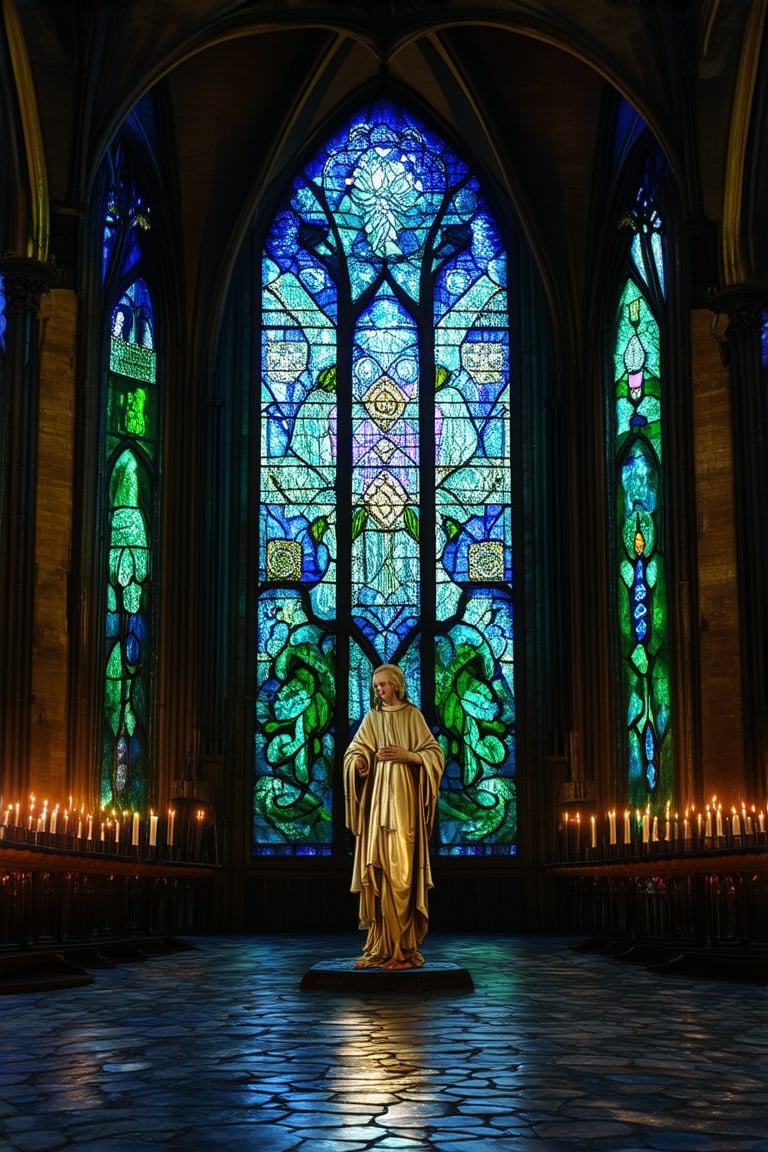 Vibrant stained glass windows glow warmly in a dimly lit Gothic cathedral's nave. Iridescent blues and greens dance across intricately crafted panes, casting kaleidoscopic patterns on the stone floor. A figure of a saint stands reverently at the center, surrounded by swirling shapes that seem to come alive with the gentle hum of candlelight.