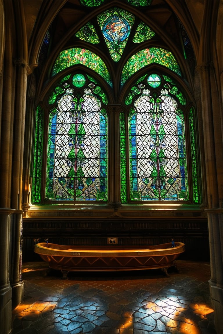 A majestic stained glass window adorns a Gothic-style cathedral's wall, bathing the sacred space in kaleidoscopic hues. Delicate panes of emerald green, sapphire blue, and amber yellow refract sunlight, casting intricate patterns on the stone floor. The vivid colors dance across the walls, as if infused with divine essence.