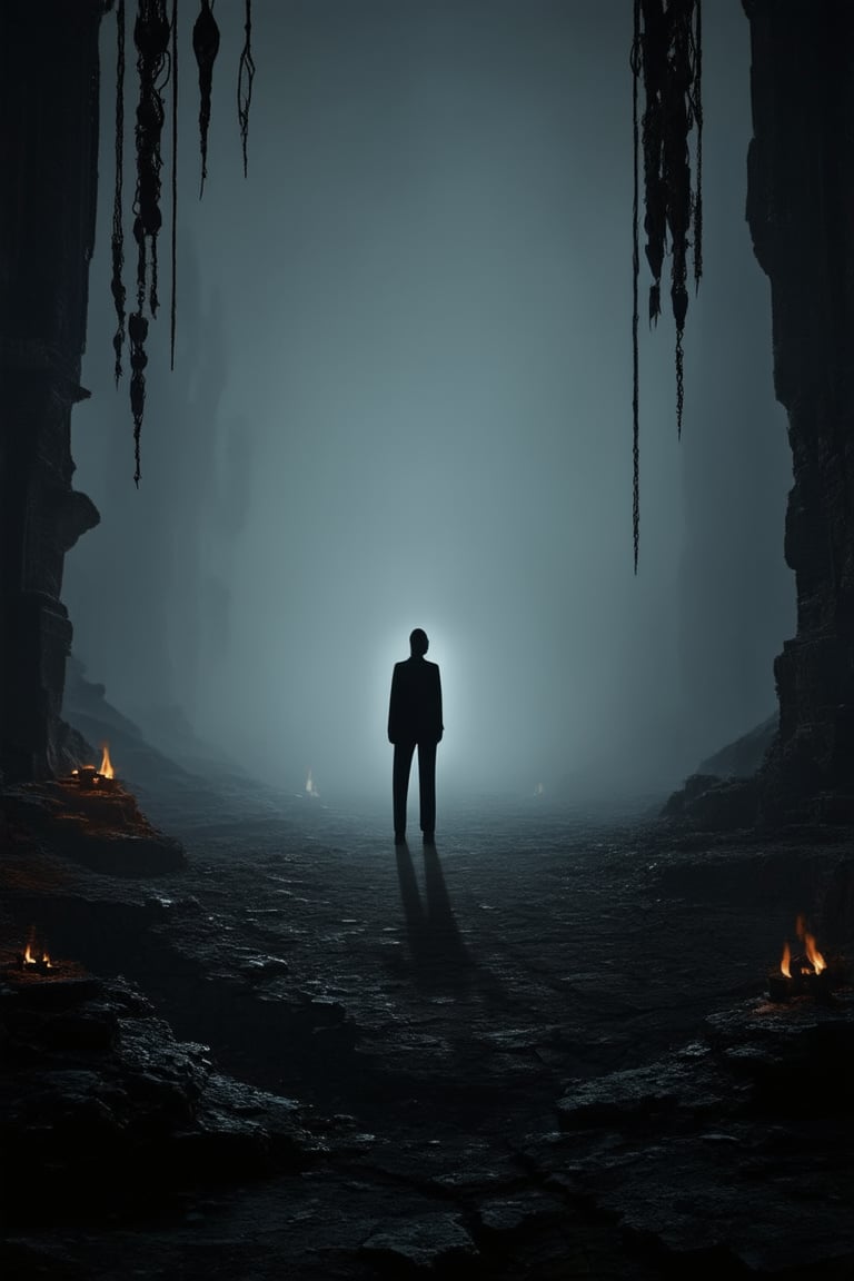 A desolate, dimly lit landscape unfolds as a lone figure stands at the edge of a dark, misty abyss. The eerie atmosphere is illuminated by faint, flickering torches, casting long shadows across the cracked, ancient stone beneath their feet. A dark, gothic world hangs precariously in balance.