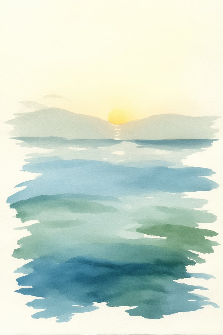 A delicate watercolor painting on a soft, creamy white paper features gentle brushstrokes of blues and greens blending together to evoke a serene lakeside scene at dawn. A misty veil rises from the calm waters as the sun peeks above the horizon, casting a warm glow on the surrounding foliage. The artist's use of loose strokes and subtle color gradations creates a dreamy, ethereal quality.