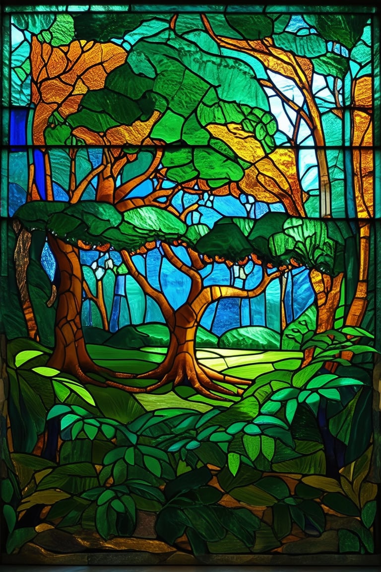 Vibrant stained glass window depicting a serene forest scene: intricately crafted panes of emerald green, sapphire blue, and amber orange dance across the frame, casting kaleidoscopic shadows on the surrounding stone. Amidst the lush foliage, a majestic tree rises, its branches stretching towards the heavens like delicate fingers.