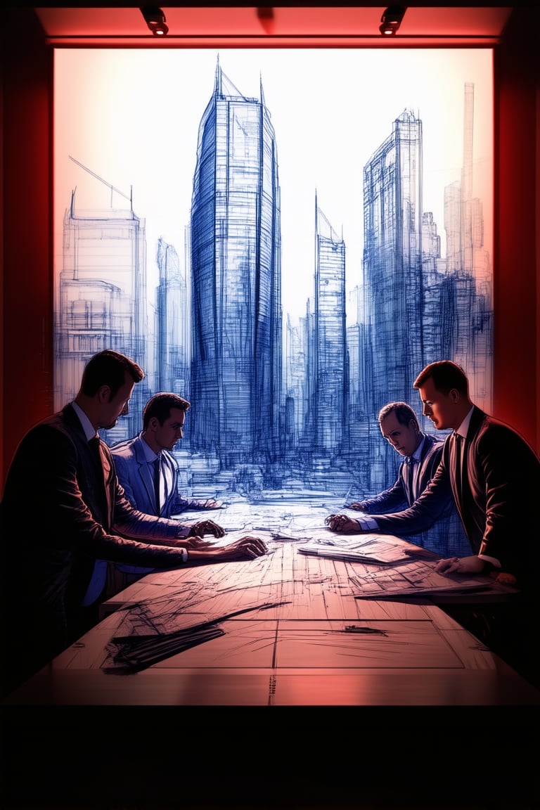 A blueprint sketch of a futuristic cityscape at dusk, with sleek skyscrapers and neon-lit streets. Framed by a dramatic sky with hues of crimson and gold, the scene features a group of architects gathered around a large wooden table, intensely studying and discussing blueprints. Soft lighting illuminates their focused expressions, while the surrounding cityscape glows with an urban pulse.