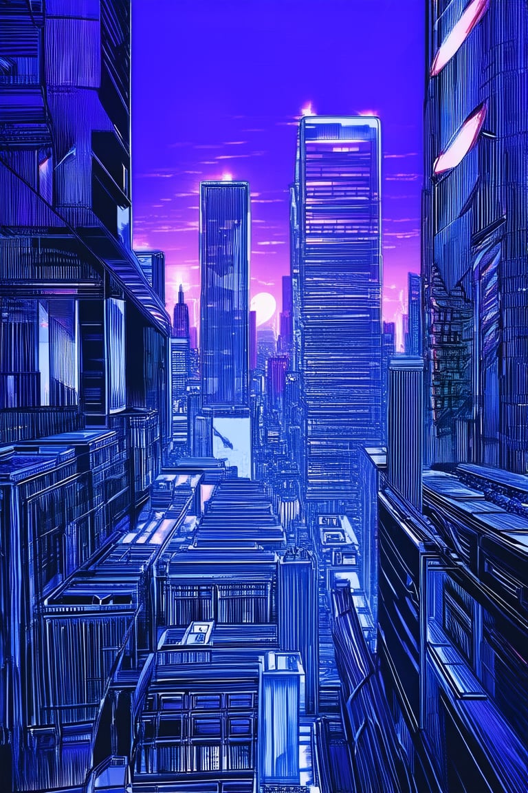 A vibrant line art illustration of a futuristic cityscape at dusk, with sleek skyscrapers and neon-lit billboards against a deep blue-purple sky. The camera frames a dramatic perspective from above, showcasing the urban landscape's intricate details and textures. The dominant colors are bold blues, purples, and bright whites, with subtle shading and texture adding depth to the overall design.