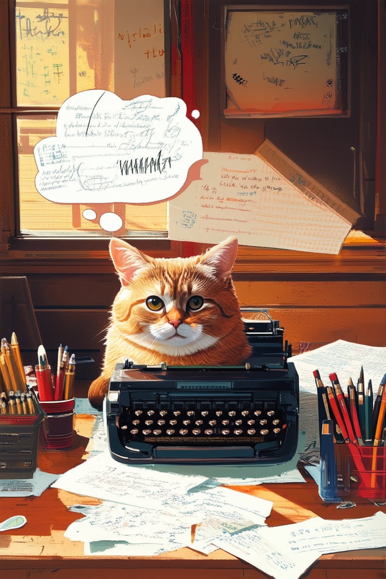 A whimsical illustration of a curious cat sitting on a vintage typewriter, surrounded by scattered papers and pens, with a thought bubble above its head filled with scribbled notes and doodles. Warm sunlight streams through the window, casting a cozy glow on the scene.