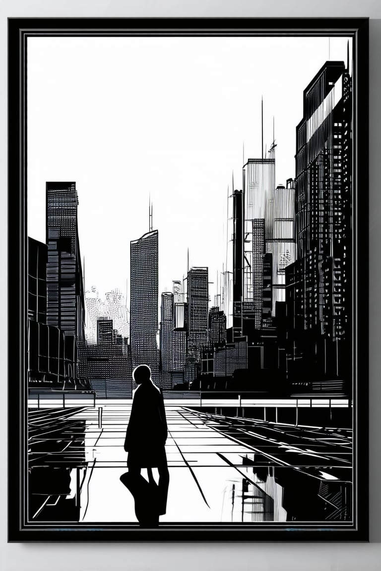 Simple yet striking line art illustration of a futuristic cityscape at dusk, rendered in bold black lines and subtle shading. The skyline features sleek skyscrapers with neon lights reflecting off the wet pavement, as a lone figure stands at the edge of the frame, looking out upon the vibrant metropolis. Framed by a bold, geometric border.