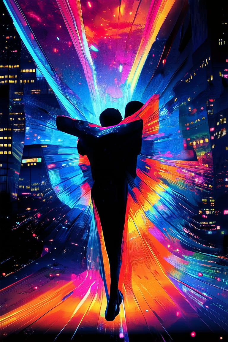 A vibrant image of a person embracing their inner technicolor dreamcoat! A kaleidoscope of colors explodes on their skin, with electric blue and fiery orange hues dancing across their arms. The subject stands in front of a neon-lit cityscape at dusk, the stark contrast between their radiant hue and the dimly lit urban landscape creating an unforgettable visual feast.