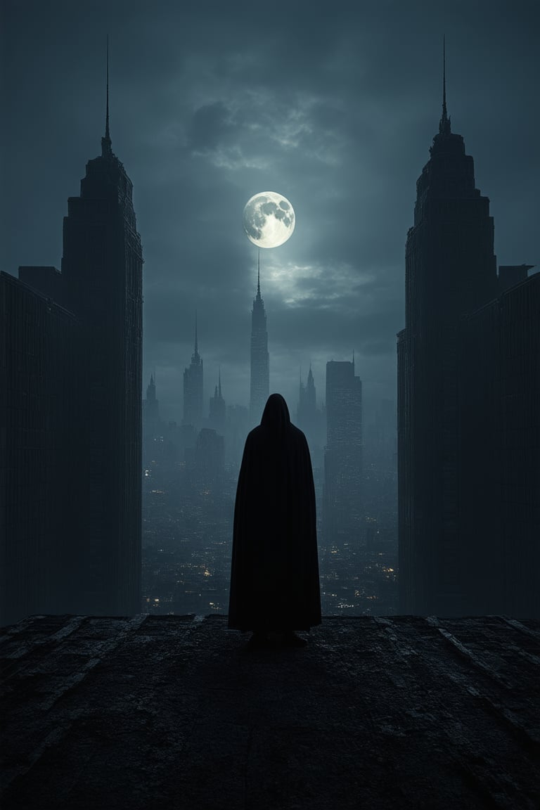 A hauntingly lit cityscape at dusk, with towering skyscrapers shrouded in a thick, eerie fog. A lone figure, cloaked in black, stands atop a crumbling rooftop, gazing out upon the desolate landscape as the moon casts an ominous glow. The Darkside World's twisted architecture and foreboding atmosphere seem to whisper dark secrets to those who dare enter its shadows.