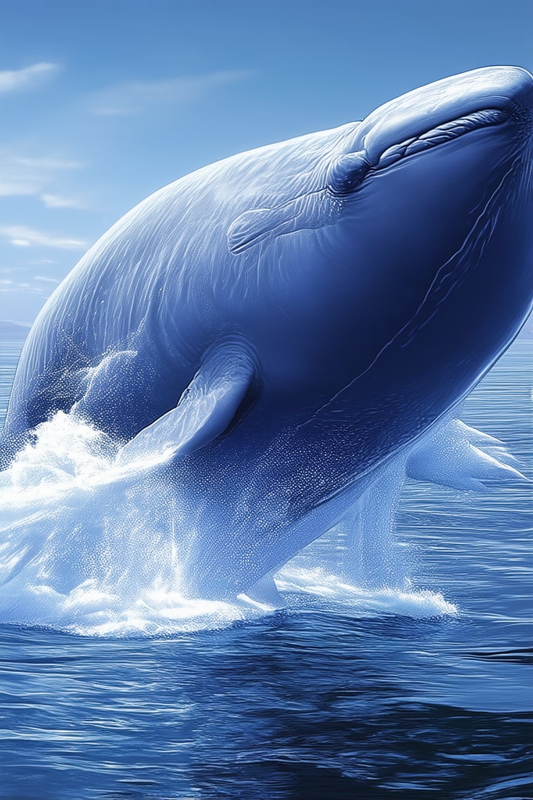 A majestic blue whale breaches the surface of a serene ocean, its enormous body glistening in the warm sunlight. The framing captures the whale's powerful leap as it rises out of the water, with the sea's gentle ripples and subtle foam creating a sense of movement. Soft, diffused light illuminates the scene, accentuating the whale's majestic presence.