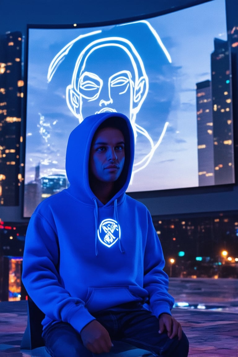 A close-up shot of a determined gamer, wearing a bright blue hoodie with glowing LED lights tracing the outline of their character's emblem, sits in front of a massive curved screen displaying their virtual avatar. Harsh blue light casts an eerie glow on their focused face, intense concentration lines etched between their eyebrows. In the background, a cityscape at dusk with towering skyscrapers and neon billboards hums with activity.