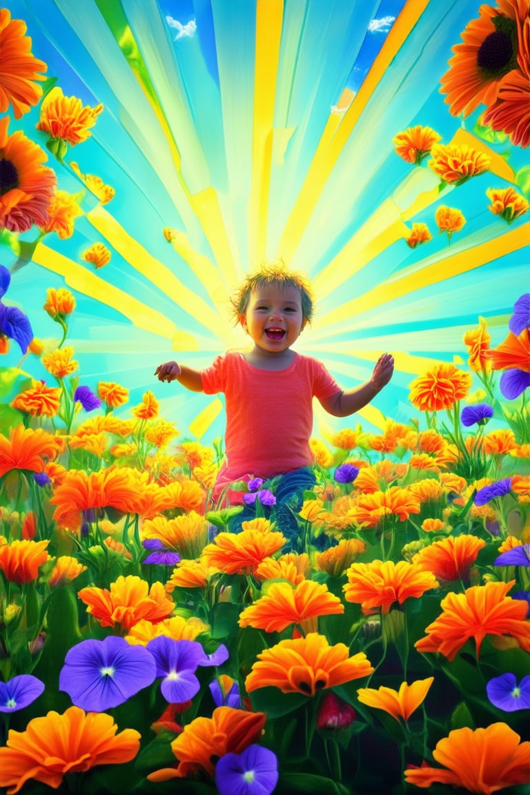 A bright and airy scene captures a playful child's joyful moment amidst a kaleidoscope of vibrant, colorful flowers. The warm sunlight casting a gentle glow on their beaming face, surrounded by a riot of orange marigolds, purple petunias, and yellow sunflowers in full bloom, creates a whimsical atmosphere.