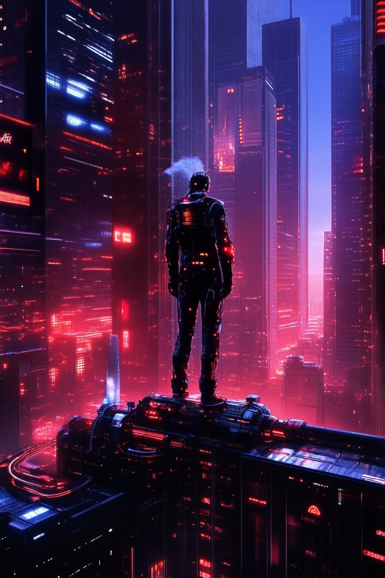 Neon-drenched cityscape at dusk: A lone figure in a futuristic jumpsuit stands atop a skyscraper's rooftop, surrounded by holographic advertisements and steam-powered machinery. Glowing cybernetic implants adorn their face, as they gaze out upon the sprawling metropolis, their silhouette framed by the orange-pink hue of the setting sun.