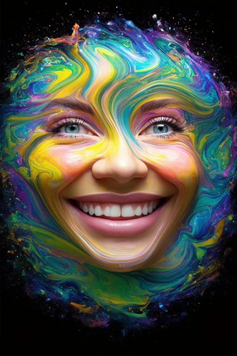 A vibrant 3D illustration of a smiling face with bright, swirling colors filling in the contours and features, like a kaleidoscope come to life. The subject's eyes sparkle with warmth, surrounded by bold blue and yellow hues. Soft pink and peach tones blend on the cheeks, while green and purple shades dance across the forehead. The entire image is set against a dark grey or black background, allowing the colorful face to pop out in playful contrast.