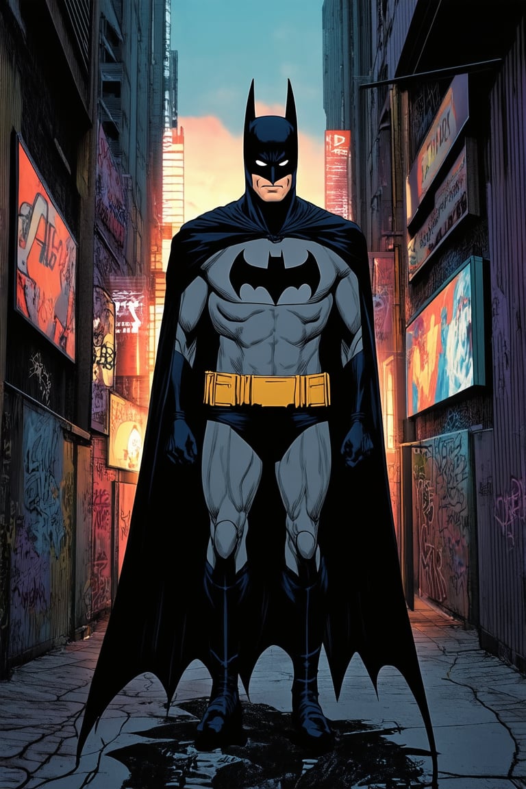 A darkened alleyway in Gotham City's gritty streets at dusk, Batman's brooding figure stands out against a neon-lit backdrop of billboards and graffiti. The caped crusader's eyes gleam with determination as he surveys the city's shadows, his iconic suit a beacon of hope amidst the urban decay. DC Comics' iconic hero ready to pounce into action.