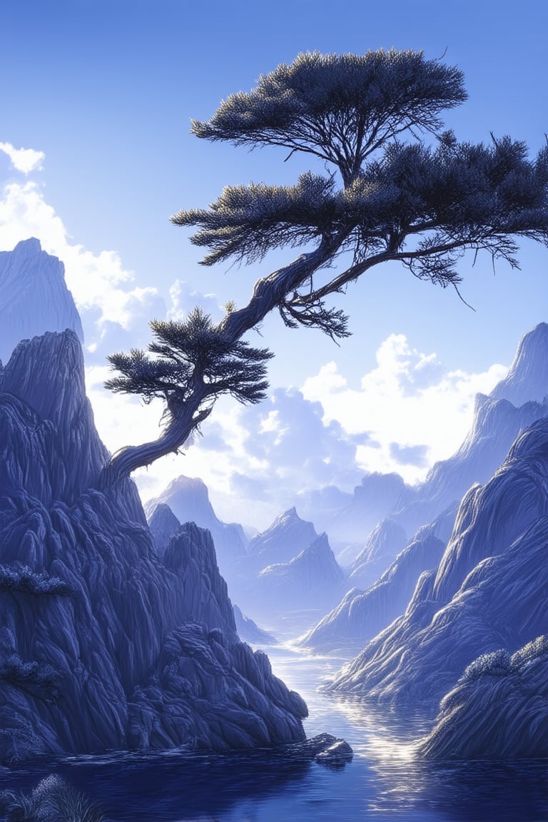 Golden hour sunlight casts a warm glow on a majestic blue mountain range, its rugged peaks stretching towards a cerulean sky with wispy clouds. A lone pine tree stands tall, its branches swaying gently in the breeze, as the landscape unfolds against a backdrop of deep blue waters.