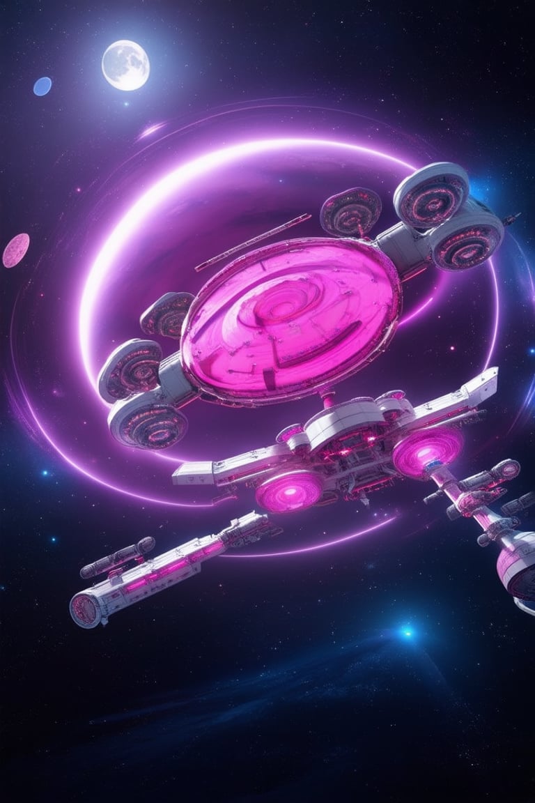 A futuristic 3D pink space station orbits a swirling purple nebula, its sleek modules and antennae reflecting vibrant hues of magenta and coral. A crescent moon glows bright pink on the distant planet's horizon, while starlight illuminates the dark, wispy tendrils of gas surrounding the station.