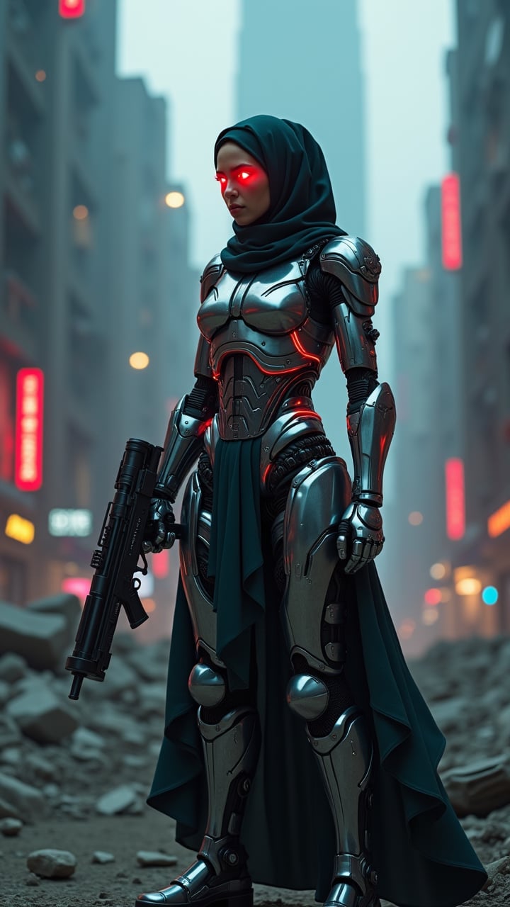 Cyber Warrior's Vigilance: A cinematic realistic photo of a women with hijab cyborg warrior standing amidst the ruins of a once-great city. sHe stands tall, her mechanical body a mesh of complex circuitry and glowing neon lights, like a beacon in the dark. The color of her mechanical body is silvery chrome shining like a metal. her mechanical body show more robotic part.
Her eyes glow bright red as she fixes her gaze on an unseen foe, laser rifle at the ready. The dynamic pose captures the tension as she prepares to strike, her metallic limbs flexed for action. The juxtaposition of organic flesh and mechanical parts creates a striking visual contrast, highlighting the fusion of woman and machine. 8k in high defination