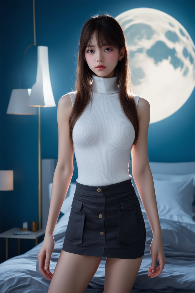 Reflected light, movie lighting, (eroticism: 1.3), 1 person, female, 20 years old, mysterious beautiful girl, delicate features, light brown hair, straight long hair, hanging hairstyle, (parting, bangs: 1.45), dynamic pose, (white turtleneck sleeveless knit sweater, bodycon cargo miniskirt), long boots, full moon night, bedroom, soft focus, excessive overexposure,
Airy Photo, Artstation Trend, (Full Body Portrait, Full Body Esbian),