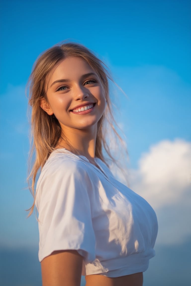 Byzantine girl with blue sky and white clouds background, sexy outfit, upper body, front view, (Masterpiece, Top Quality, Top Image Quality, Official Art, Aesthetic and Beautiful:1.2), (1girl:1.4), white beautiful skin, smiling face, portrait, extreme color, highest definition, simple background, 16K, high resolution Perfect Dynamic Composition, Bokeh, (Sharp Focus:1.2), Ultra Wide Angle, High Angle, High Color Contrast, Medium Shot, Depth of Field, Background Blur,,itacstl