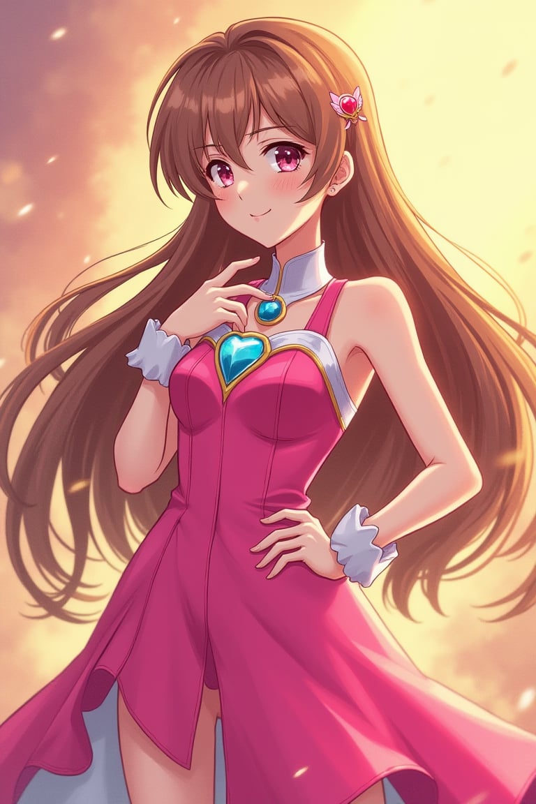 A close-up shot of a youthful anime heroine standing confidently, her long hair styled in loose waves framing her heart-shaped face. Her bright pink dress with white and blue accents cinches at the waist, showcasing toned arms and legs. Soft golden lighting casts a warm glow on her porcelain skin as she poses with one hand resting on the hilt of her sword, the other holding a gleaming gemstone.