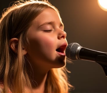 A close-up shot of a young girl with a microphone in hand, her voice soaring as she sings with passion and conviction. Soft golden light illuminates her face, highlighting the determined look in her eyes. The background is blurred, focusing attention on her powerful performance. Her long hair flows freely around her shoulders as she belts out the lyrics.