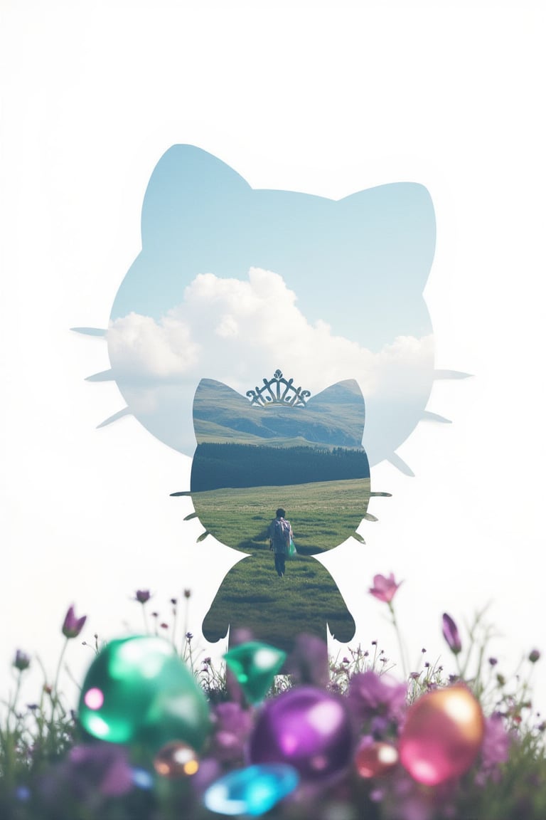 A mysterious realm unfolds: the silhouette of a curious Hello Kitty with tiara and hair and delicate features stands out against the bright white background. In the distance lies a dreamlike landscape, reminiscent of the whimsy of Studio Ghibli. Vibrant colors of emeralds and amethysts dance at the forefront, as if illuminated by an ethereal light. The composition uses a subtle double exposure effect to create a captivating atmosphere of depth and dimension.