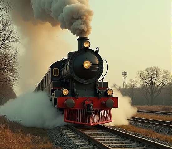 Steam train fast, minimalist, Chic Modernist, Fotocollage, full body shot, CGsociety, Lo-fi, Installation, khaki colors, Grandparentcore, subsurface scattering lighting, Hyper-realistic