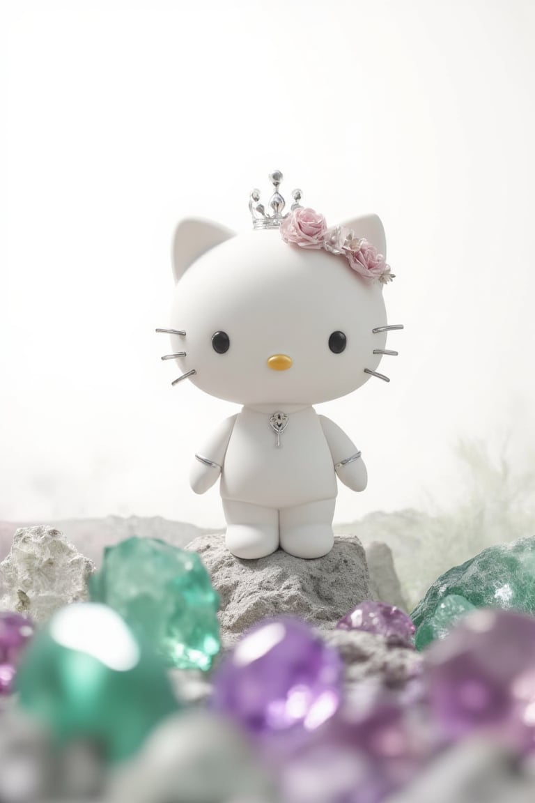 In a surreal, dreamlike realm, a delicate Hello Kitty figure stands out against a brilliant white background, her tiara and intricate features showcasing gentle curiosity. A mystical landscape unfolds in the distance, reminiscent of Studio Ghibli's whimsical world. Emeralds and amethysts shimmer at the forefront, as if radiating an otherworldly light. The subtle double exposure effect creates depth, while the vibrant colors dance across the canvas, inviting the viewer to step into this enchanting atmosphere.