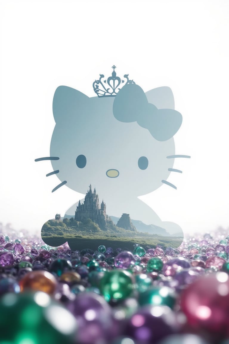 A mysterious realm unfolds: the silhouette of a curious Hello Kitty with tiara and hair and delicate features stands out against the bright white background. In the distance lies a dreamlike landscape, reminiscent of the whimsy of Studio Ghibli. Vibrant colors of emeralds and amethysts dance at the forefront, as if illuminated by an ethereal light. The composition uses a subtle double exposure effect to create a captivating atmosphere of depth and dimension.