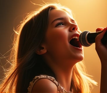 Q art style,A close-up shot of a young girl with a microphone in hand, her voice soaring as she sings with passion and conviction. Soft golden light illuminates her face, highlighting the determined look in her eyes. The background is blurred, focusing attention on her powerful performance. Her long hair flows freely around her shoulders as she belts out the lyrics.