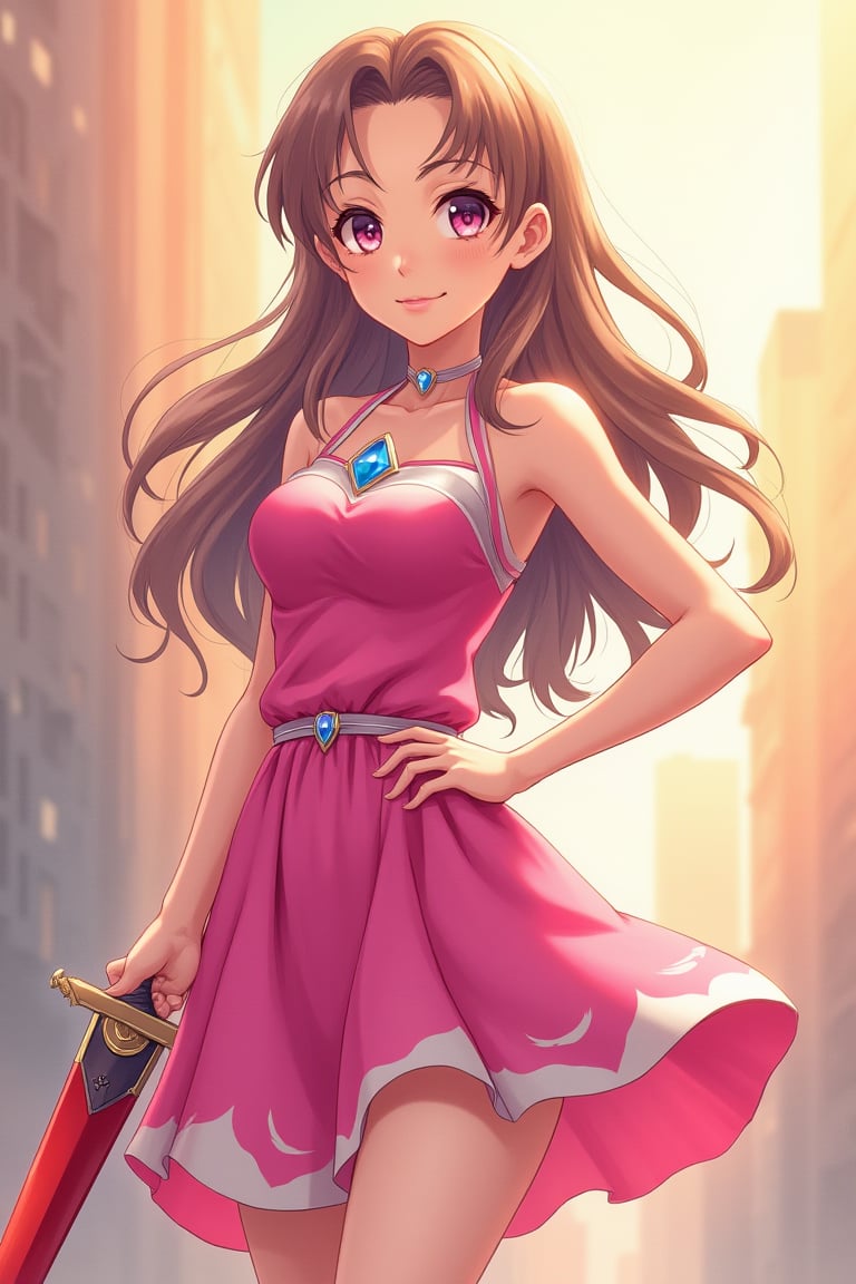 A close-up shot of a youthful anime heroine standing confidently, her long hair styled in loose waves framing her heart-shaped face. Her bright pink dress with white and blue accents cinches at the waist, showcasing toned arms and legs. Soft golden lighting casts a warm glow on her porcelain skin as she poses with one hand resting on the hilt of her sword, the other holding a gleaming gemstone.