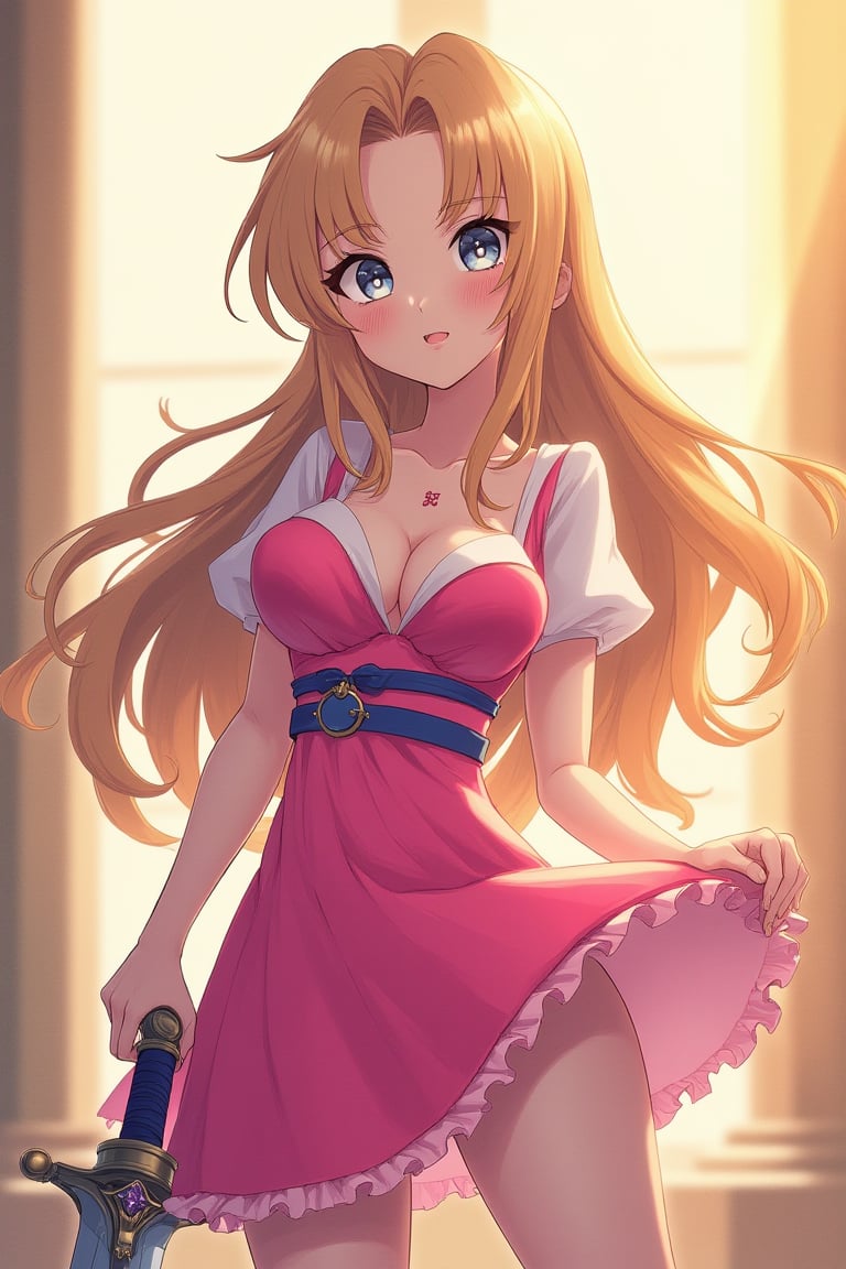 A close-up shot of a youthful anime heroine standing confidently, her long hair styled in loose waves framing her heart-shaped face. Her bright pink dress with white and blue accents cinches at the waist, showcasing toned arms and legs. Soft golden lighting casts a warm glow on her porcelain skin as she poses with one hand resting on the hilt of her sword, the other holding a gleaming gemstone.