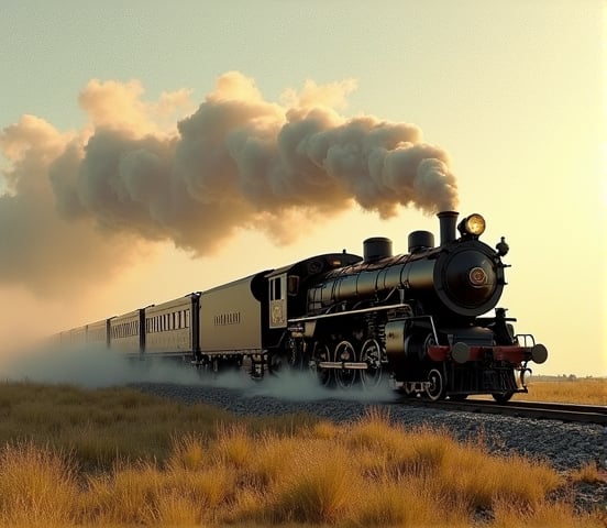 Steam train fast, minimalist, Chic Modernist, Fotocollage, full body shot, CGsociety, Lo-fi, Installation, khaki colors, Grandparentcore, subsurface scattering lighting, Hyper-realistic