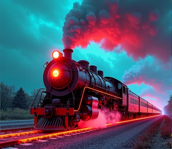 Steam train fast, Auroracore, chalk art, long shot, Cinema4D rendering, Grainy, Tapestry, bright colors, Grindhouse, fluorescent lighting, Highly detailed