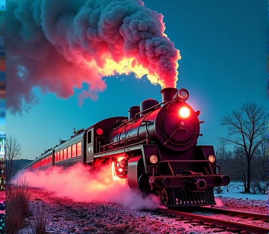 Steam train fast, Auroracore, chalk art, long shot, Cinema4D rendering, Grainy, Tapestry, bright colors, Grindhouse, fluorescent lighting, Highly detailed