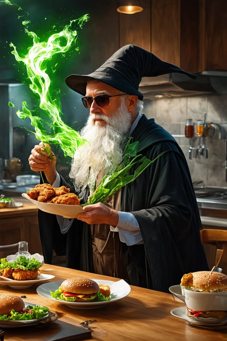 old man\(wearing wizard robe, long white beard, wizard hat, wearing sun glasses, side view), releasing magical green energy, (salad, fried chicken, burger meat and soda with ice are flying in the air), background(fast food restaurant kitchen indoor, fast food employees shoked), (masterpiece, highres, high quality:1.2), ambient occlusion, low saturation, High detailed, Detailedface, (shot from distance), intricate details, dreamlike, concept art, illustration, highly detailed, splash art, artbook, beautiful image, fantasy, realistic