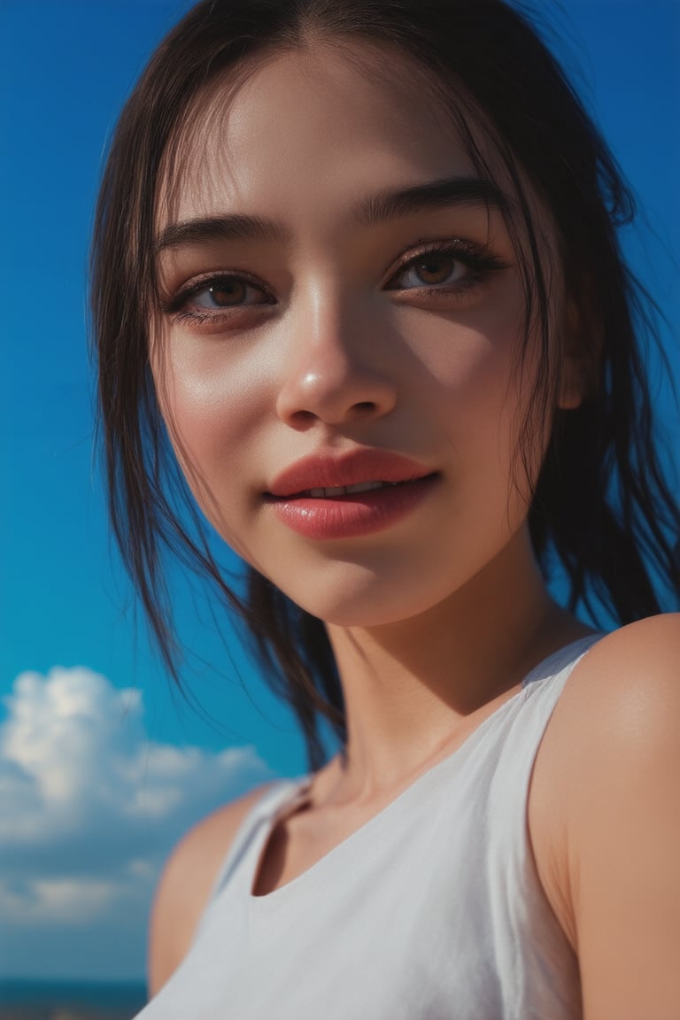 Byzantine girl with blue sky and white clouds background, sexy outfit, upper body, front view, (Masterpiece, Top Quality, Top Image Quality, Official Art, Aesthetic and Beautiful: 1.2), (1girl: 1.4), beautiful white skin, shining dark brown eyes, clear eyes, running nose, smiling face, portrait, extreme color, best Fine Detail, Simple Background, 16K, High Resolution, Perfect Dynamic Composition, Bokeh, (Sharp Focus:1.2), Super Wide Angle, High Angle, High Color Contrast, Medium Shot, Depth of Field, Background Blur,,itacstl