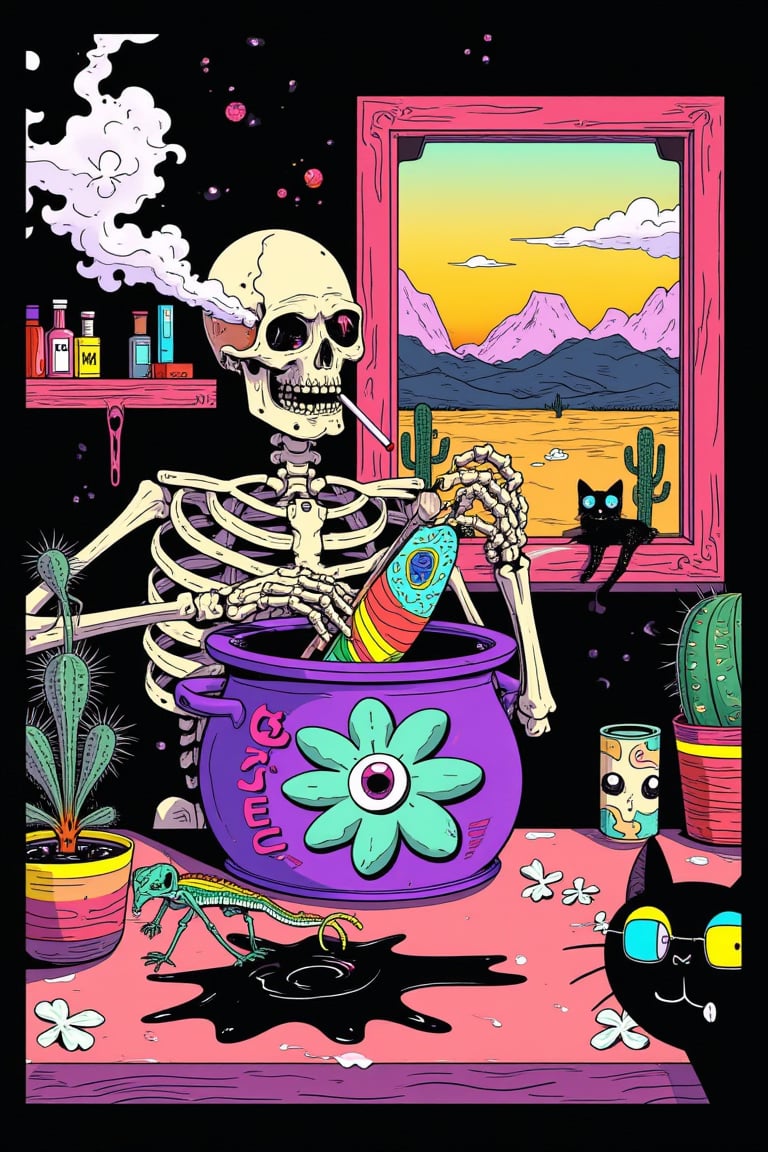 

flat simple image, bicolor , dual tone, , t shirt, design, flat colors, black simple background . A whimsical and surreal illustration featuring a skeleton smoking a cigarette, sitting in a quirky kitchen setting. The skeleton is stirring a purple cauldron with a flower design that has an eye at its center, from which a colorful fish is emerging. On the wall, a framed picture of another skeleton holding a fish is displayed, with a desert landscape in the background. The kitchen table has a spilled black liquid, a multicolored rainbow lizard, a cactus in a pot, and a black cat with mismatched eyes peeking into the scene. Outside the window, a surreal sunset over the mountains can be seen, with fluffy egg-shaped clouds. The artwork is filled with psychedelic colors, playful objects, and a dream-like vibe that blends the ordinary with the fantastical