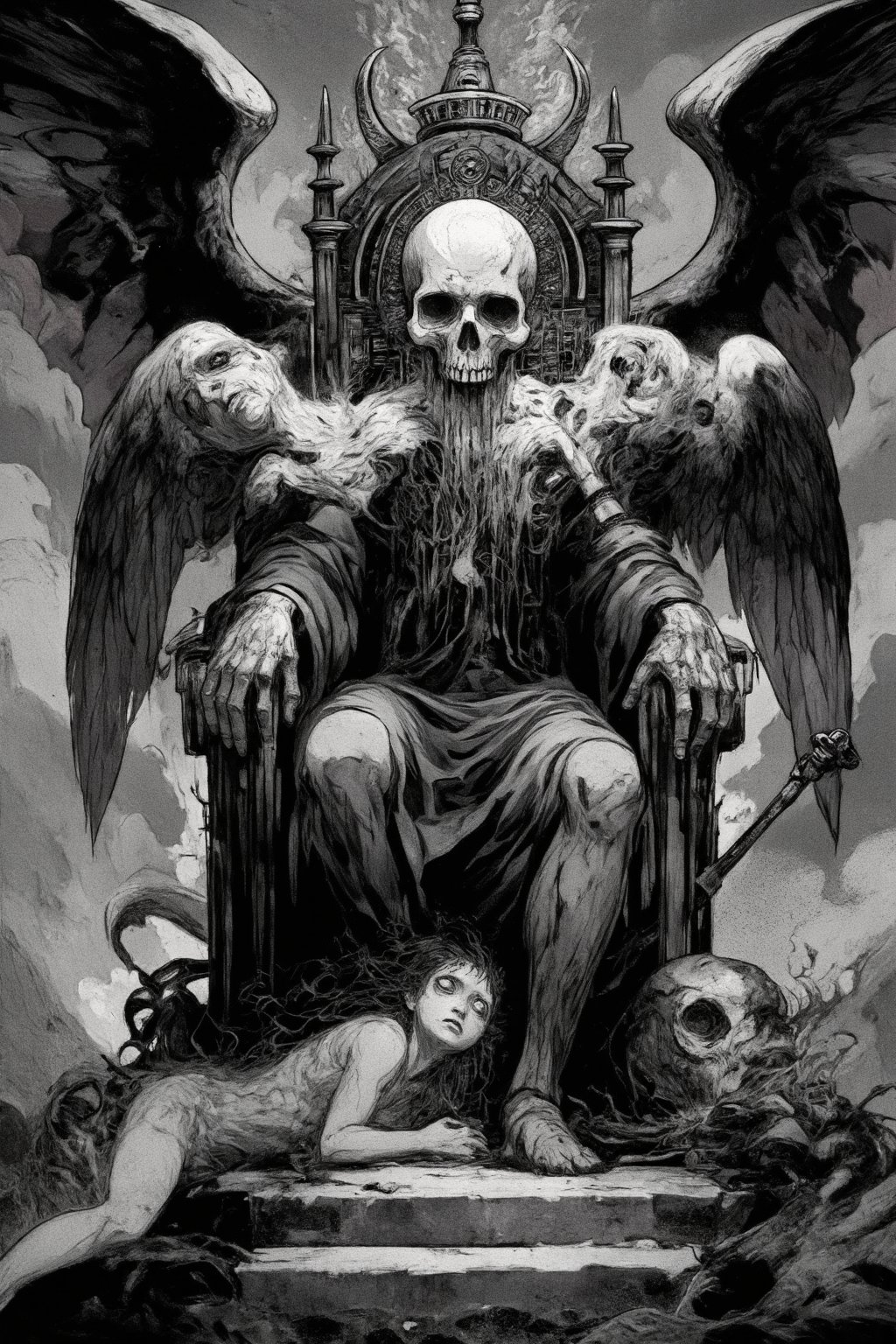 (masterpiece, high quality, 8K resolution, close shot). 
An extremely detailed dark art illustration, gallery neo art, mystical occult symbols. black and gray color pallet , isometric , death on the throne,angels crying