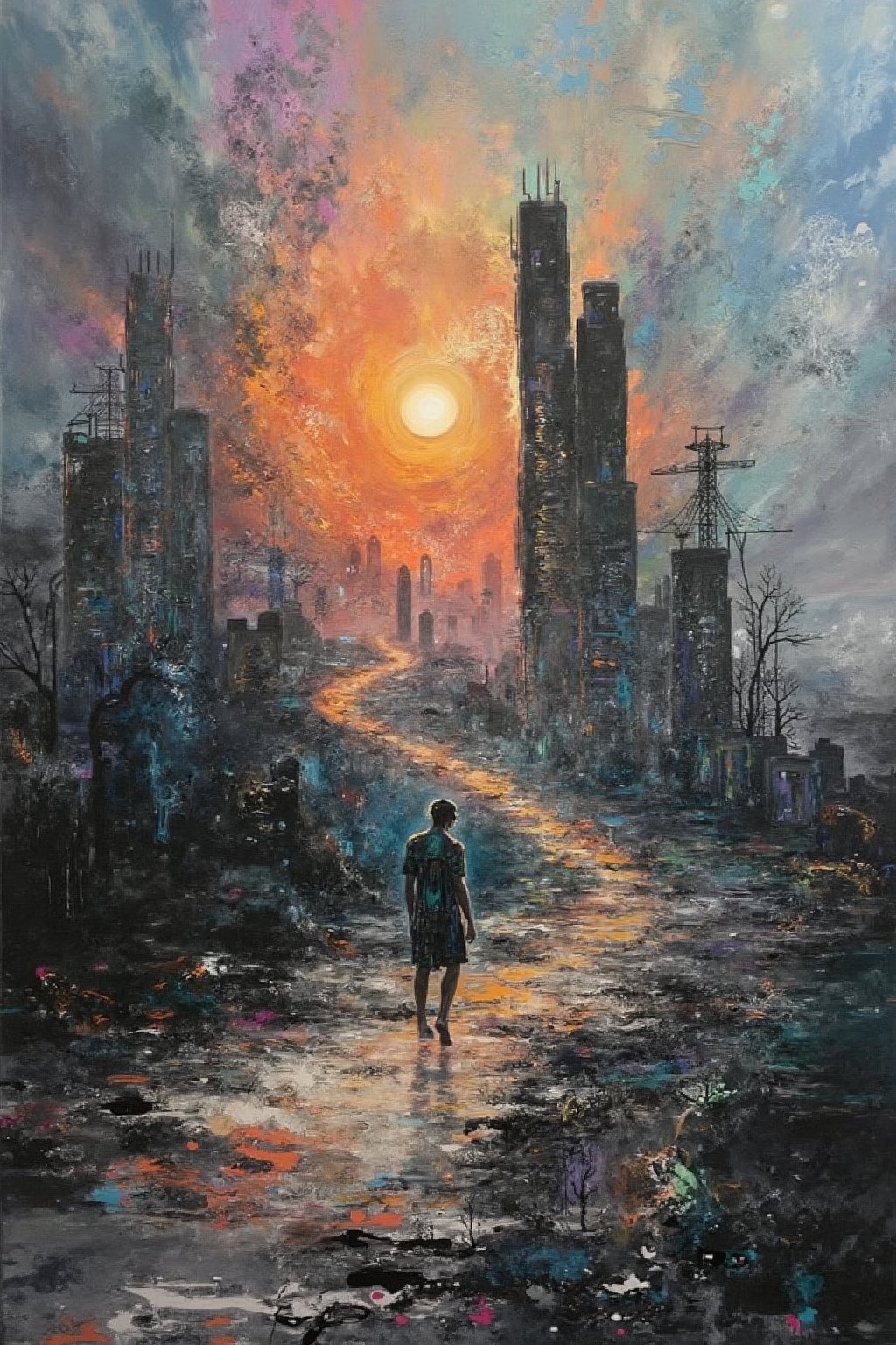 The sooty sky is crying. Where has the kindness of the people gone? But I like this city. If I have a woman I can rely on, I'm happy to live with you like this. It's not painful, and with you I can walk through this futuristic desert without feeling sad. cyberpunk landscape painted with acrylic oil paints. The texture, reminiscent of palette knife work, seamlessly blends the unique styles of Simon Bisley, Genshin, and Chiho Aoshima.,visionary art style