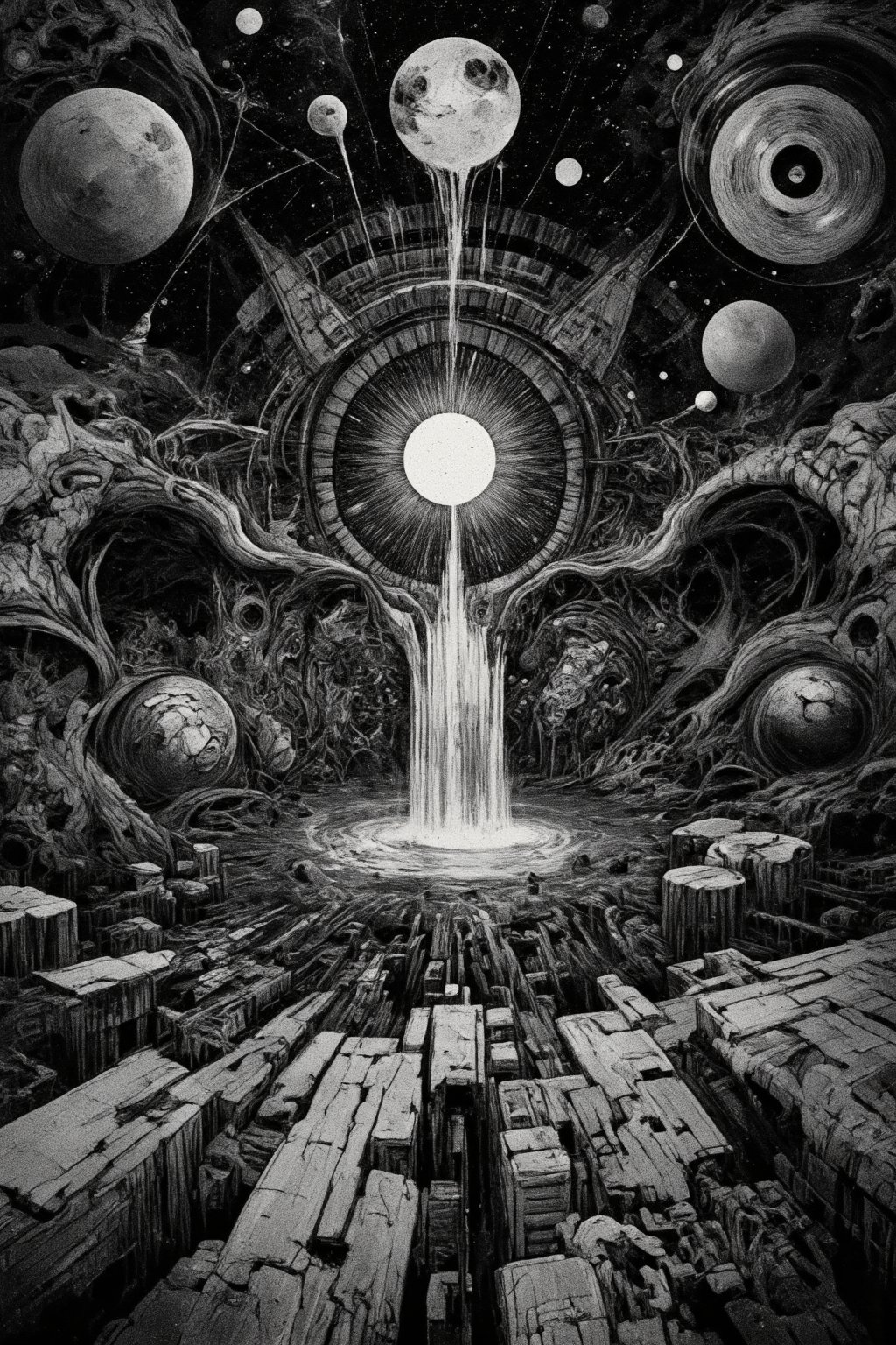 (masterpiece, high quality, 8K resolution, close shot). 
An extremely detailed dark art abstract illustration, gallery neo art, mystical occult symbols. black and gray color pallet , isometric , end of the universe